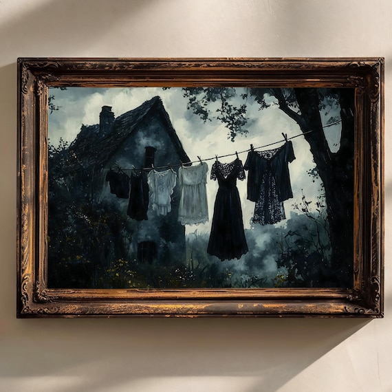 Black Dresses on a Clothesline at Moody Dark Cottage Night Poster