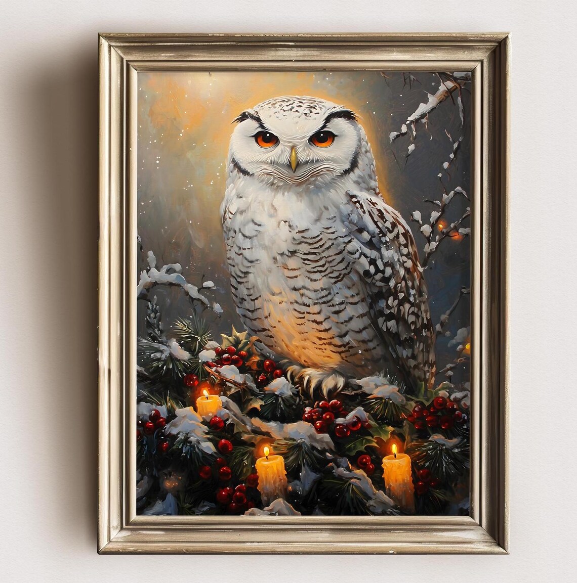 Snowy Owl Golden Glow Holly Berries Candles Vintage Christmas Poster - Image 2