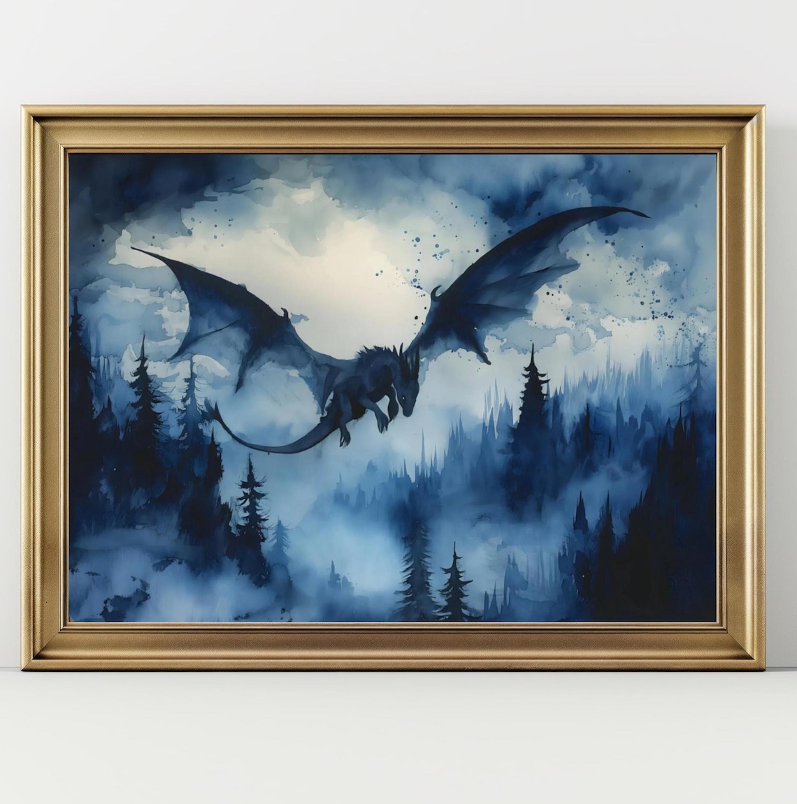 Blue Dragon Watercolor Fantasy Art Print, Dark Academia