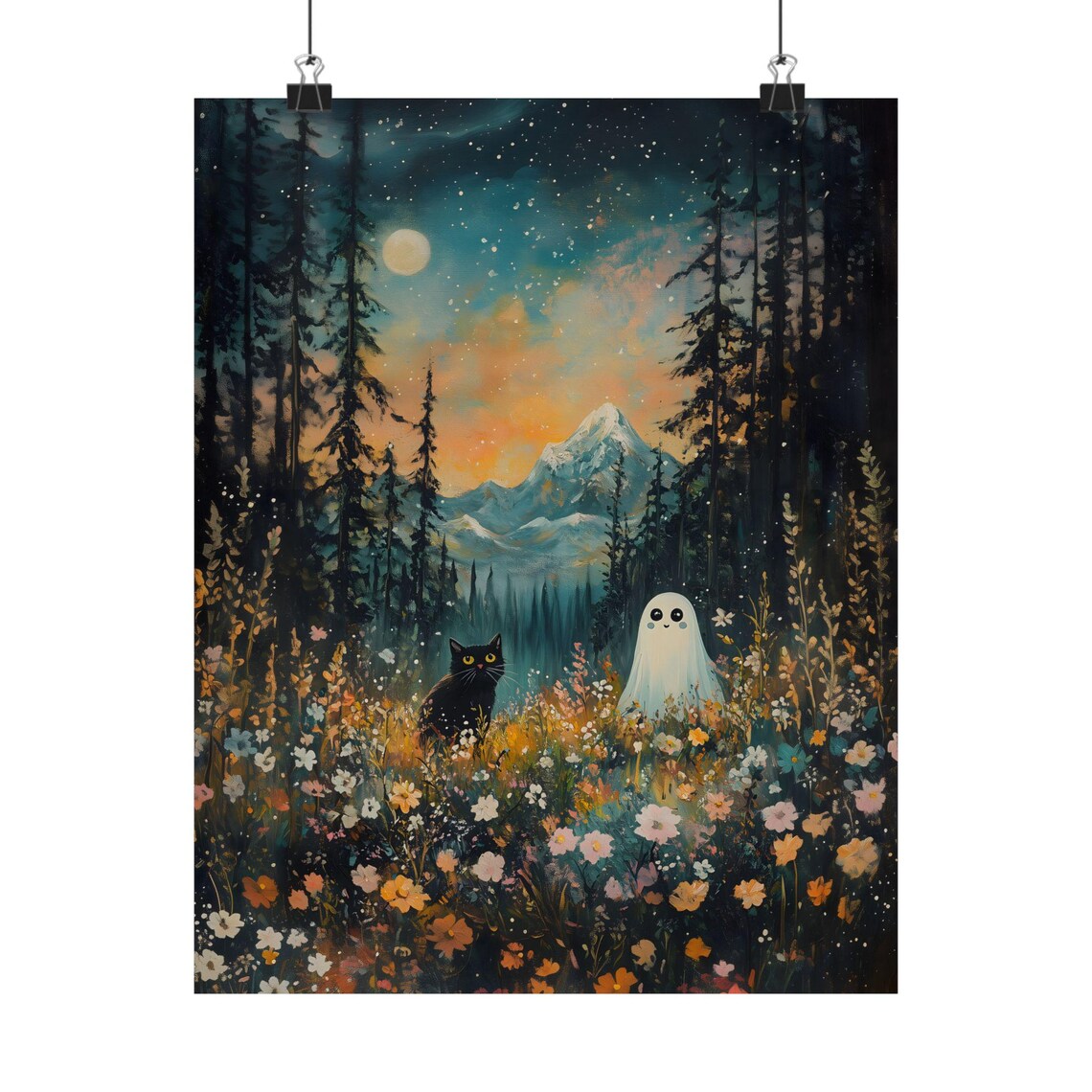 Cute Ghost And Black Cat In Wildflower Meadow Night Mountain Halloween Poster - Image 2