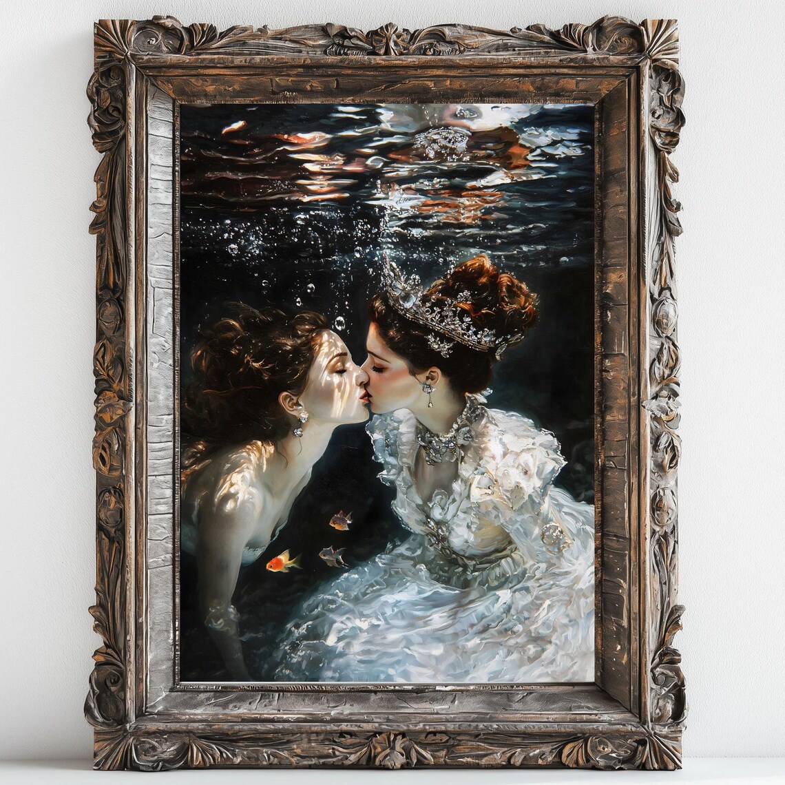 Underwater Love Queens Kiss Crowned Women Ocean Oil Painting Print