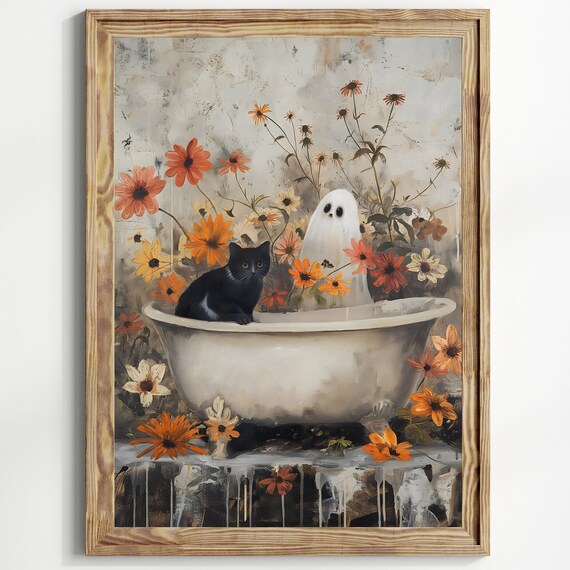 Cute Ghost And Black Cat In Bathtub With Orange Flowers Halloween Poster