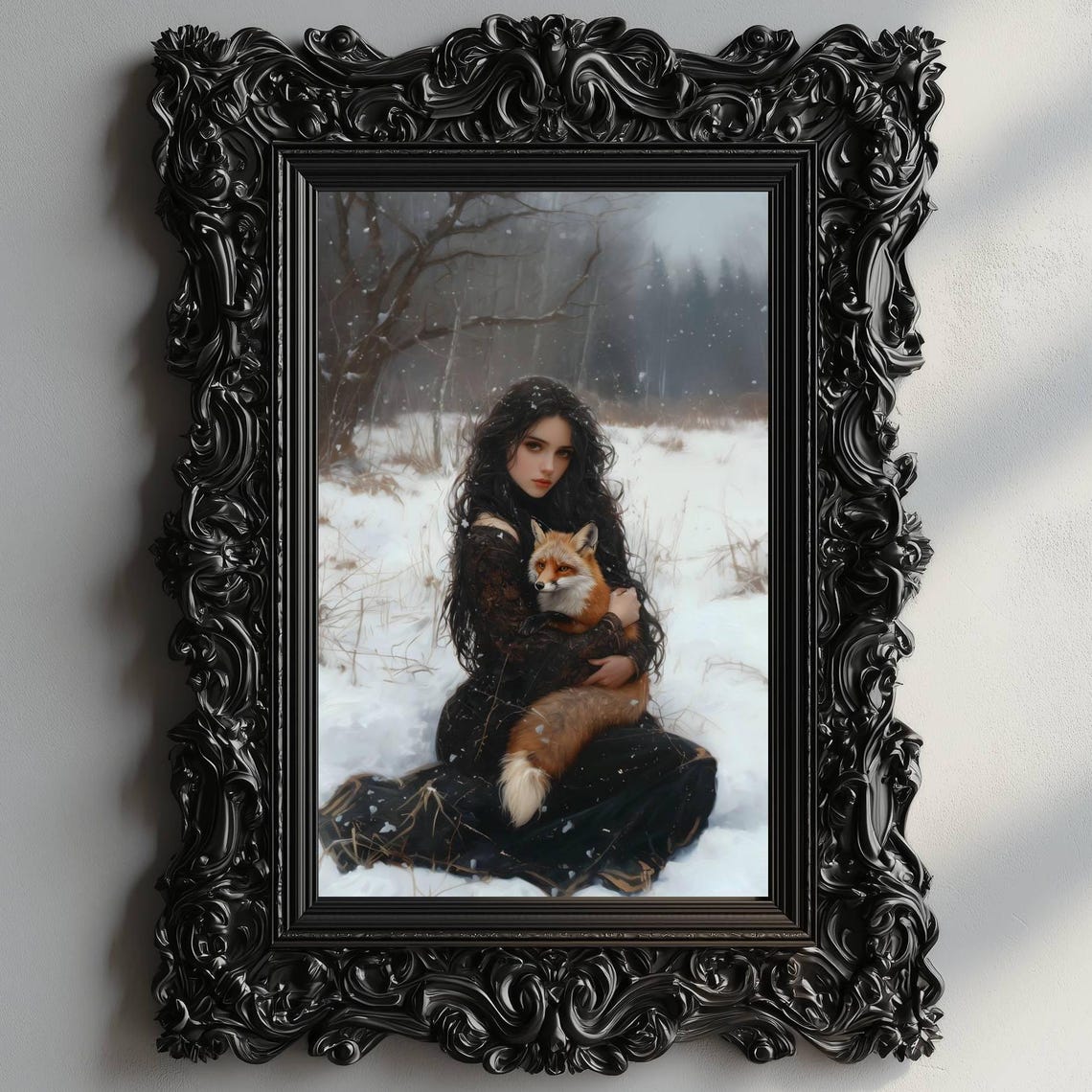 Victorian Woman Red Fox Snowy Woods Winter Gothic Romance Print