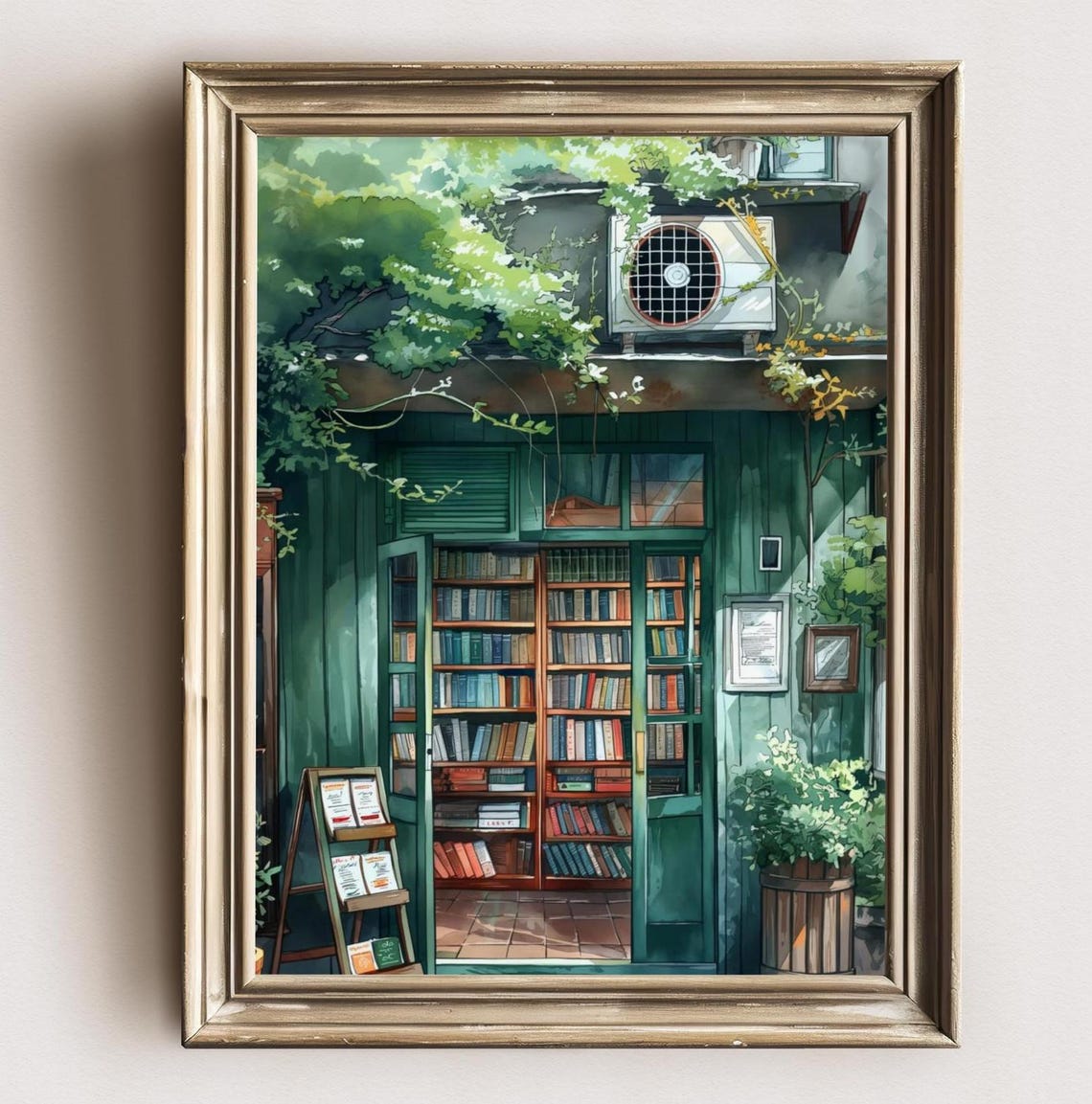 Cozy Green Old Bookstore Storefront Ivy Watercolor Bookish Art Poster