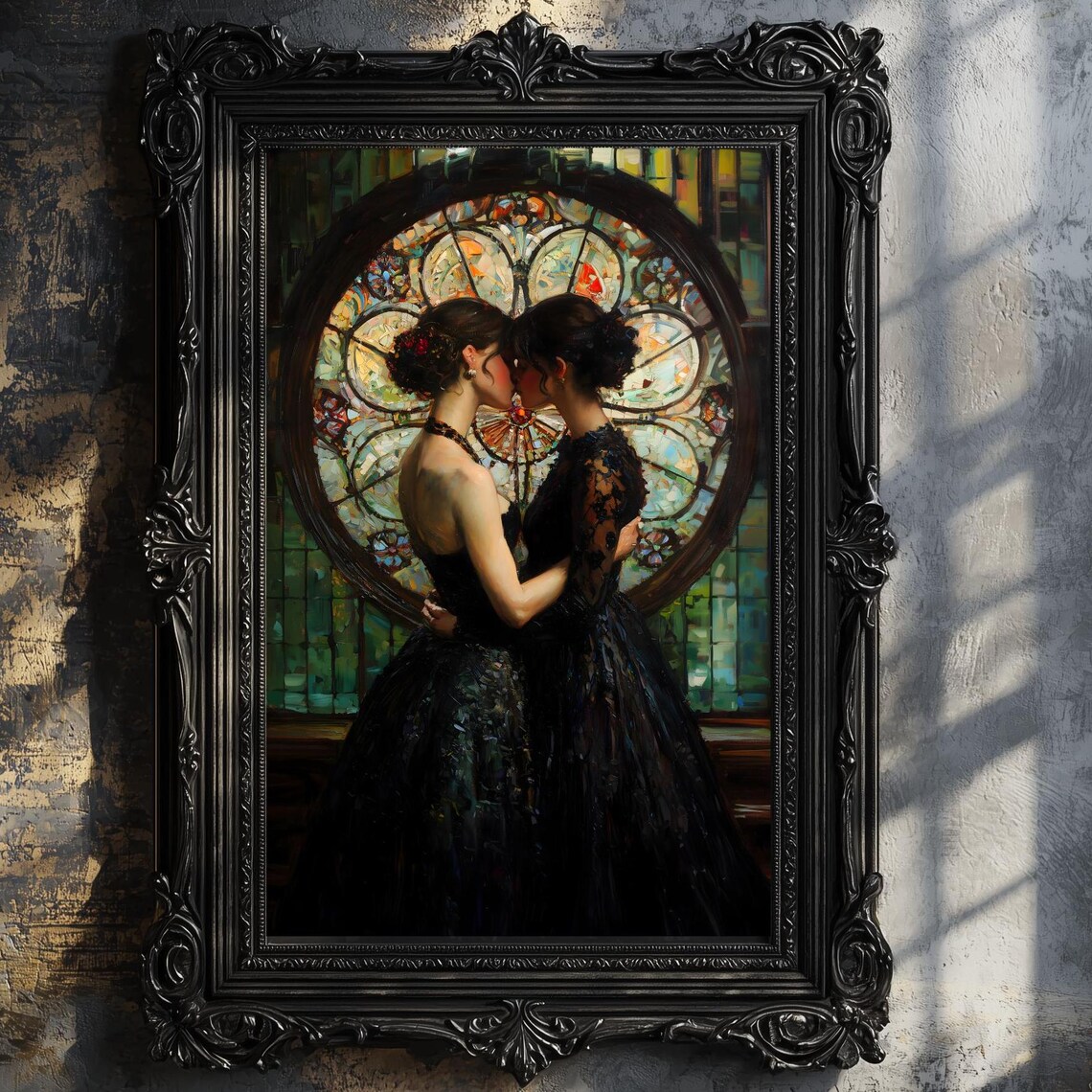 Two Women Kissing Before Stained Glass Rose Window Gothic Romance Poster