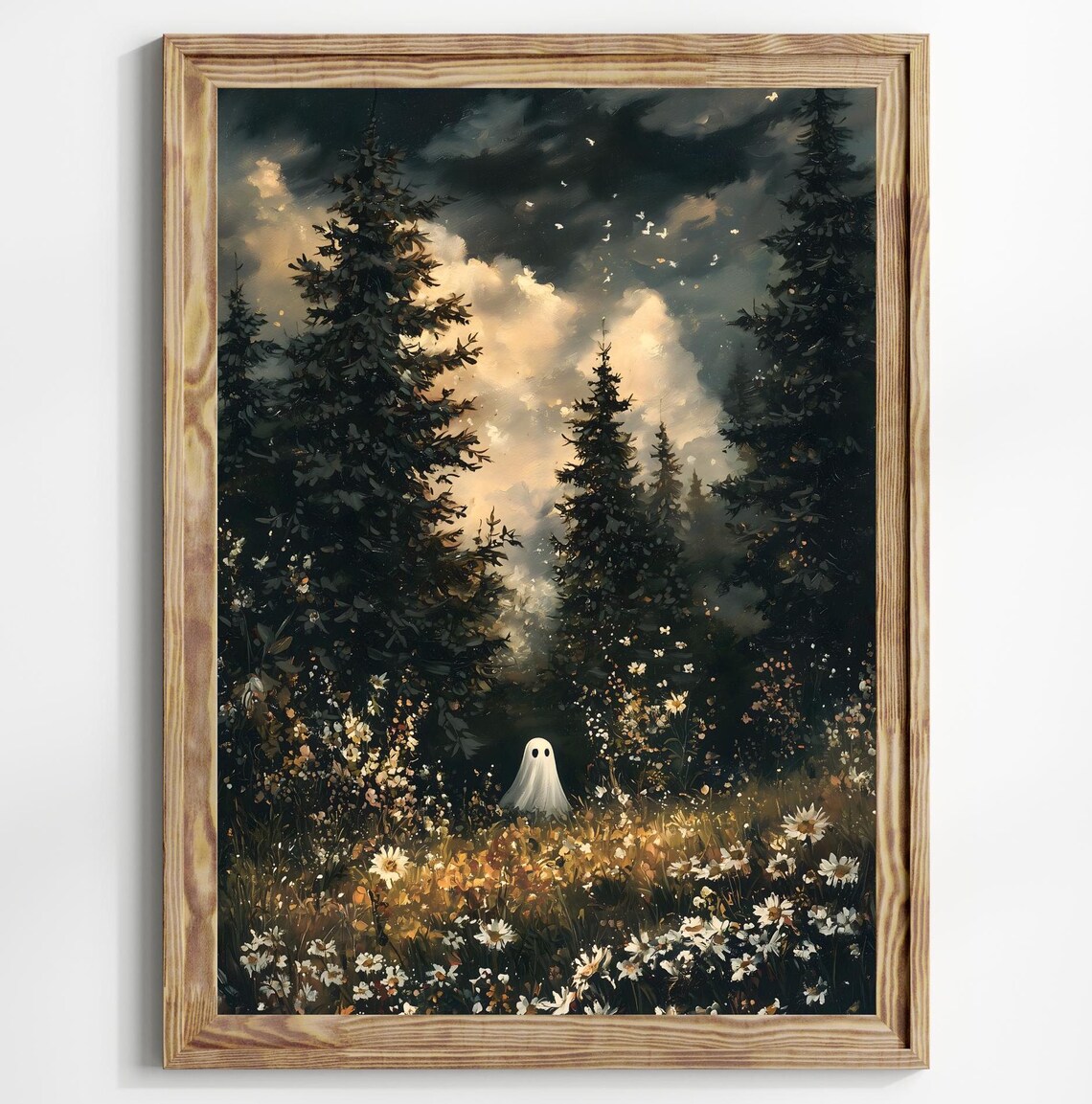Ghost in Magical Forest Wildflowers Art Print, Dark Academia