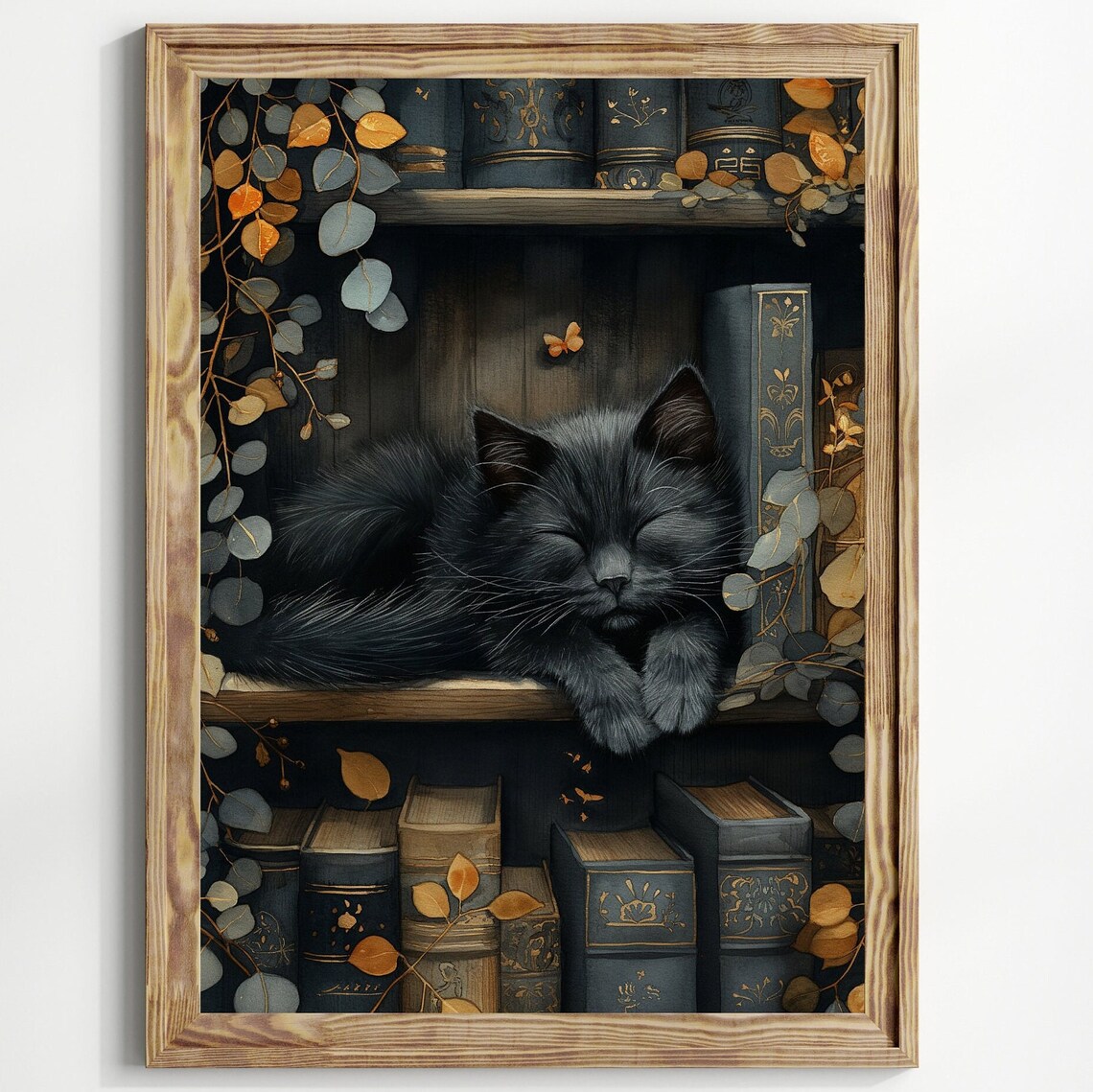 Black Cat and Stack of Books Art Print, Dark Academia
