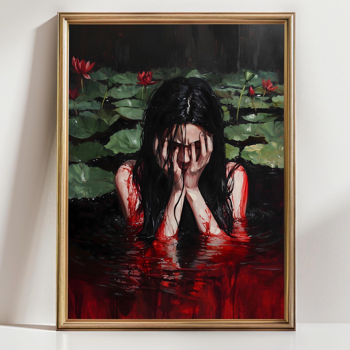 Weeping Woman In Dark Bloody Pond Among Lily Pads Gothic Melancholy Poster - Image 3
