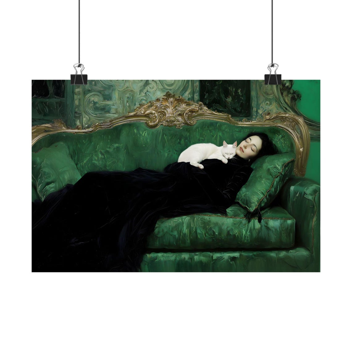 Woman Reclining with White Cat on Ornate Green Couch Art Poster - Image 2