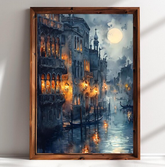 Venice Italy Moonlit Canal Gondolas Lamplit Palazzos Travel Poster