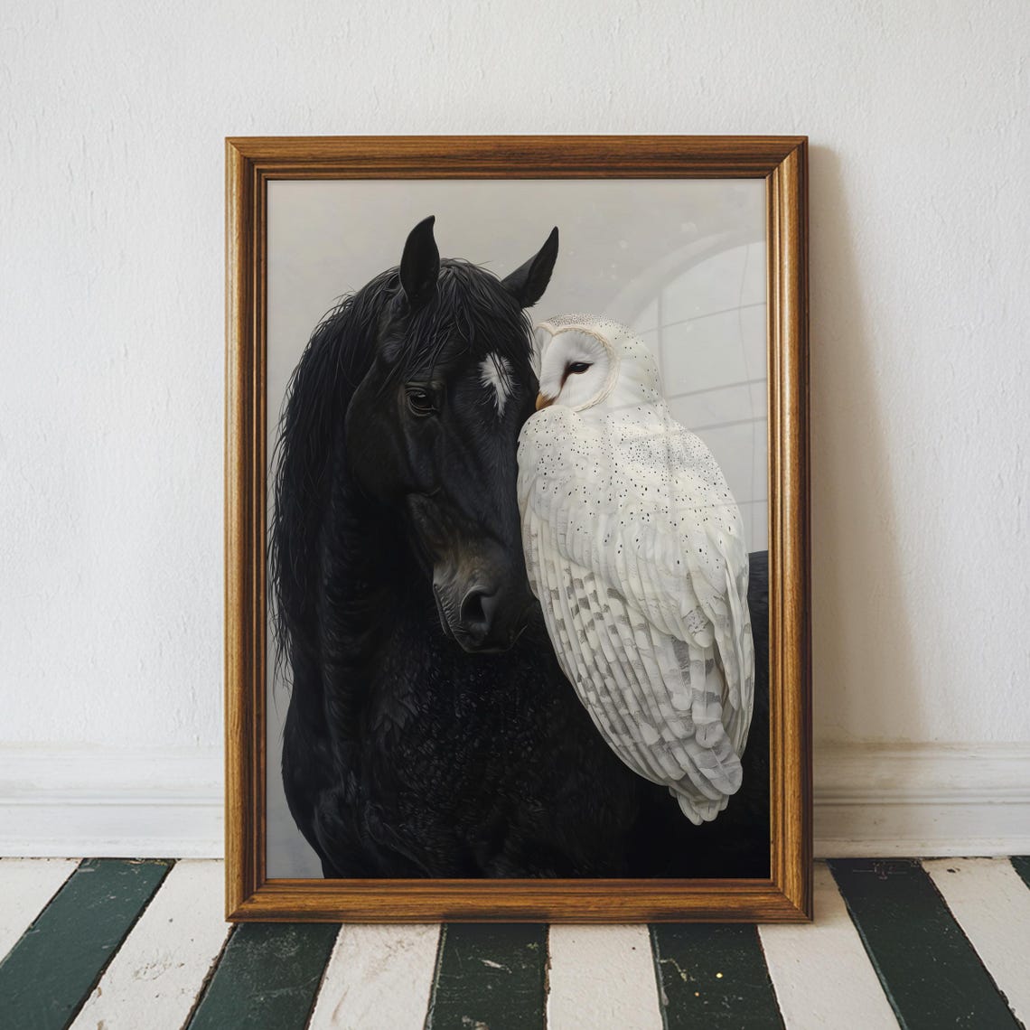 Black Horse White Barn Owl Gentle Portrait Moody Animal Art Poster - Image 2