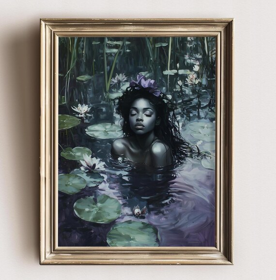 Black Woman With Purple Flower Crown in Dark Lily Pond Art Print