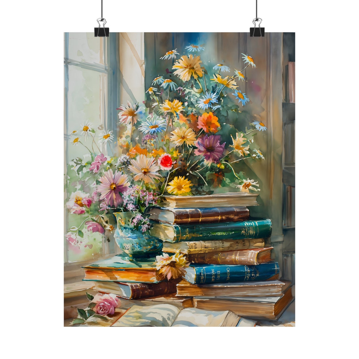 Stack Of Books Wildflowers Vase Window Light Watercolor Bookish Print - Image 2