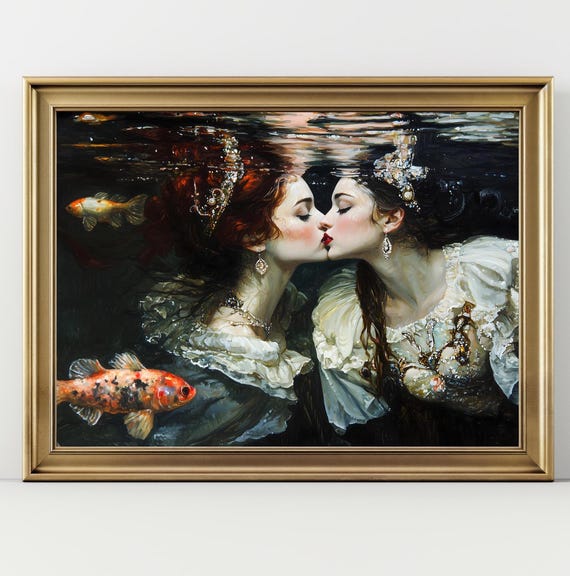 Love Queens Sapphic Art Print The Lake Goth Moody Victorian Lesbian Sappho Wall Art Dark Decor Aesthetic Dark Cottagecore Gothic