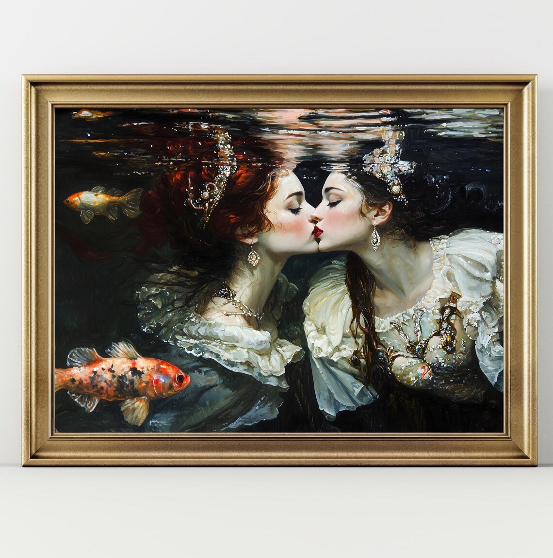 Underwater Sapphic Kiss Koi Fish Dark Moody Victorian Romantic Art Poster