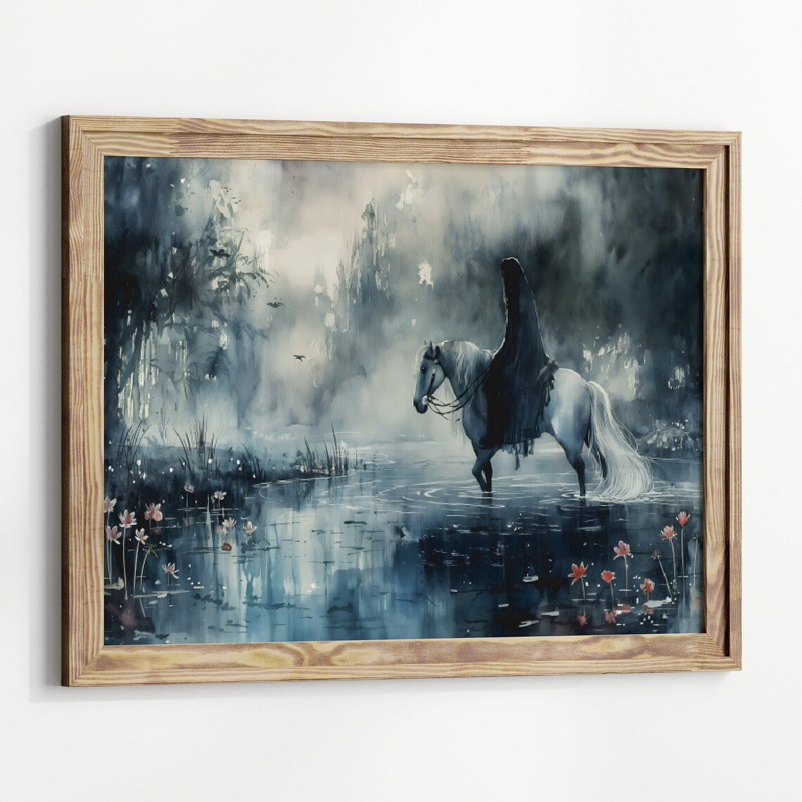 Dark Angel On White Horse In Misty Lake Gothic Watercolor Fantasy Poster - Image 3
