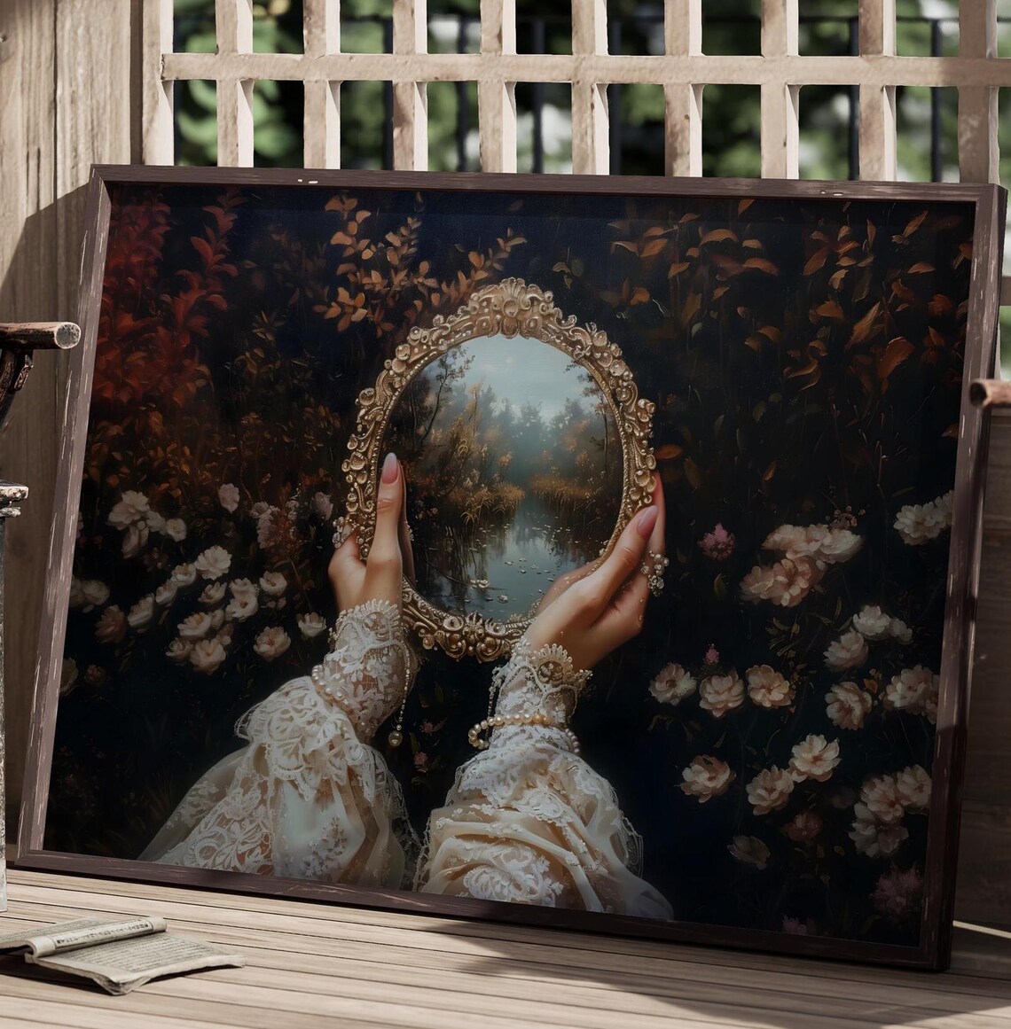 Lace Sleeved Hands Holding Gold Mirror Reflecting Misty Pond Dark Floral Art Poster