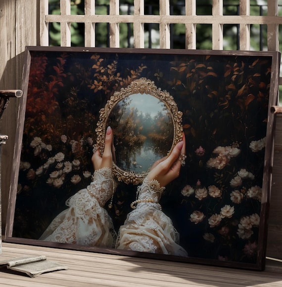 Lace Sleeved Hands Holding Gold Mirror Reflecting Misty Pond Dark Floral Art Poster