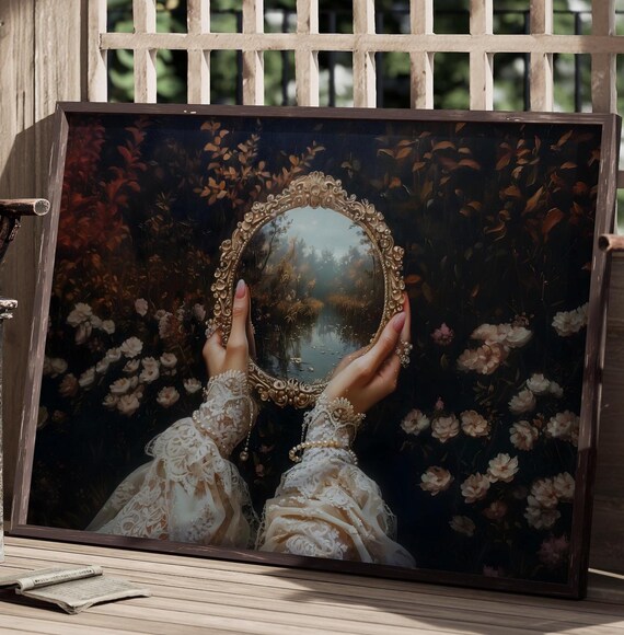 Mirror Victorian Art Poster Print Moody Painting Vintage Woman Print Victorian Decor Wall Art Dark Moody Antique Art Print Lace Pearls