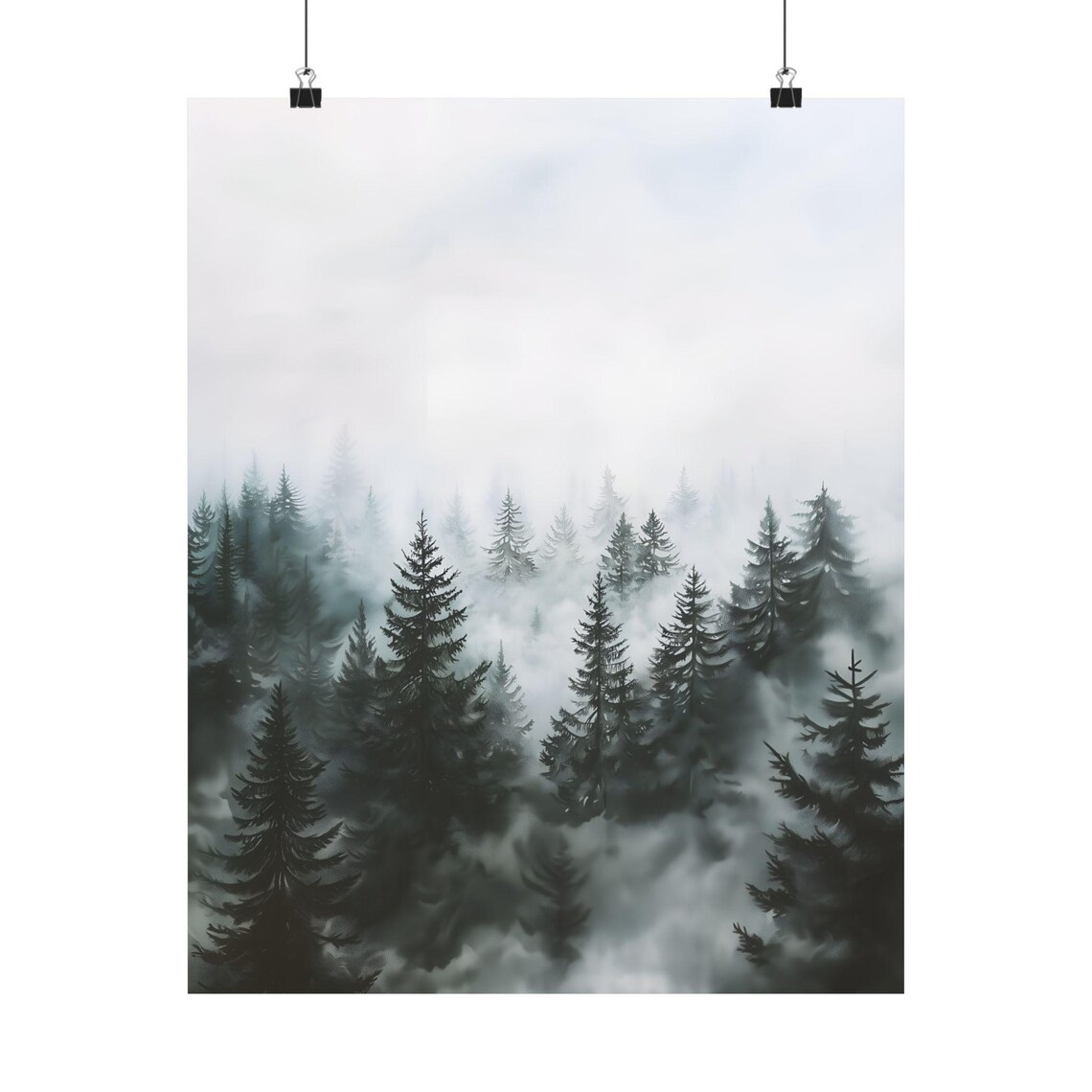 Monochrome Misty Pine Forest Black And White Foggy Woodland Art Print - Image 2