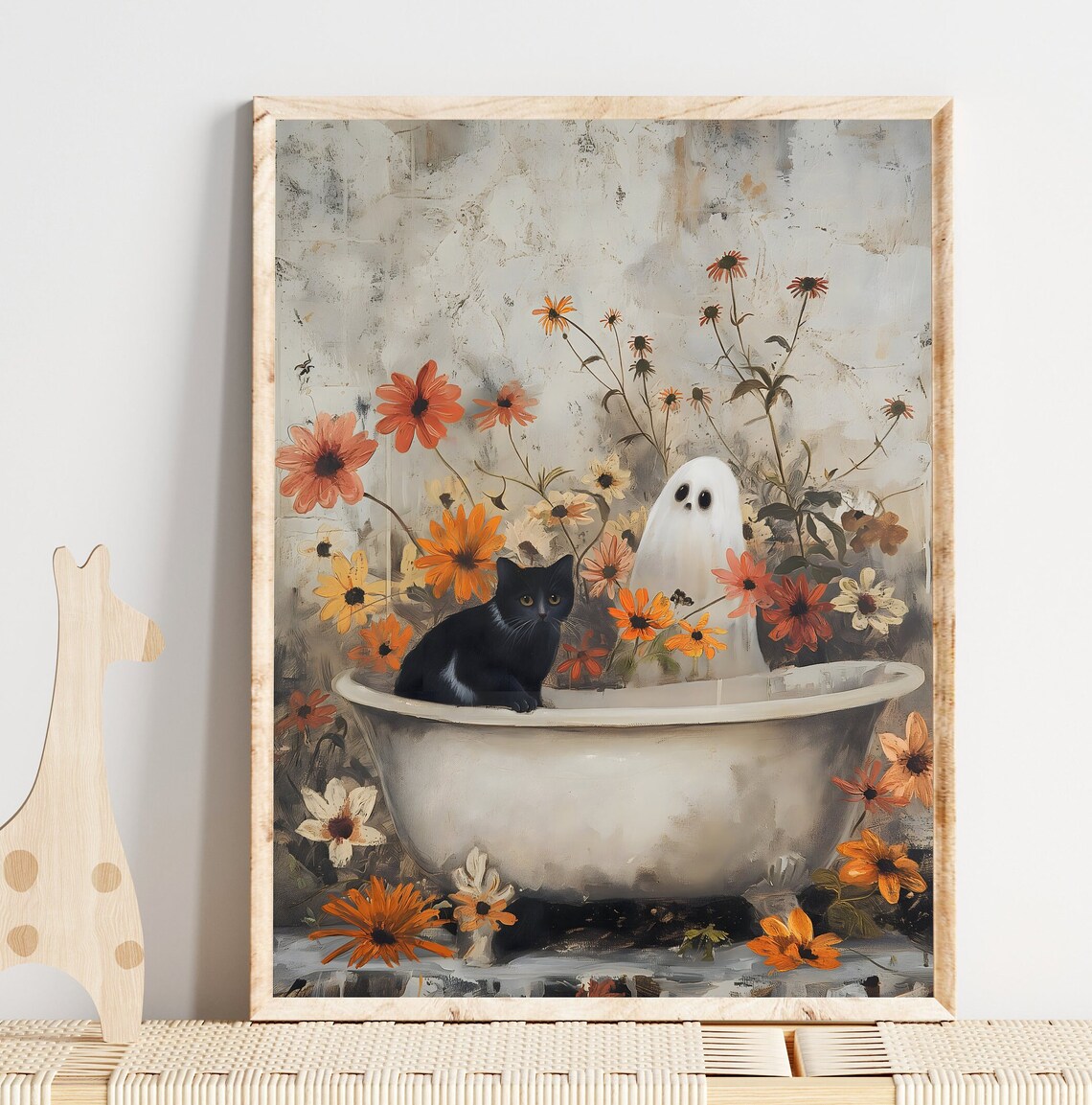 Cute Ghost And Black Cat In Bathtub With Orange Flowers Halloween Poster - Image 2