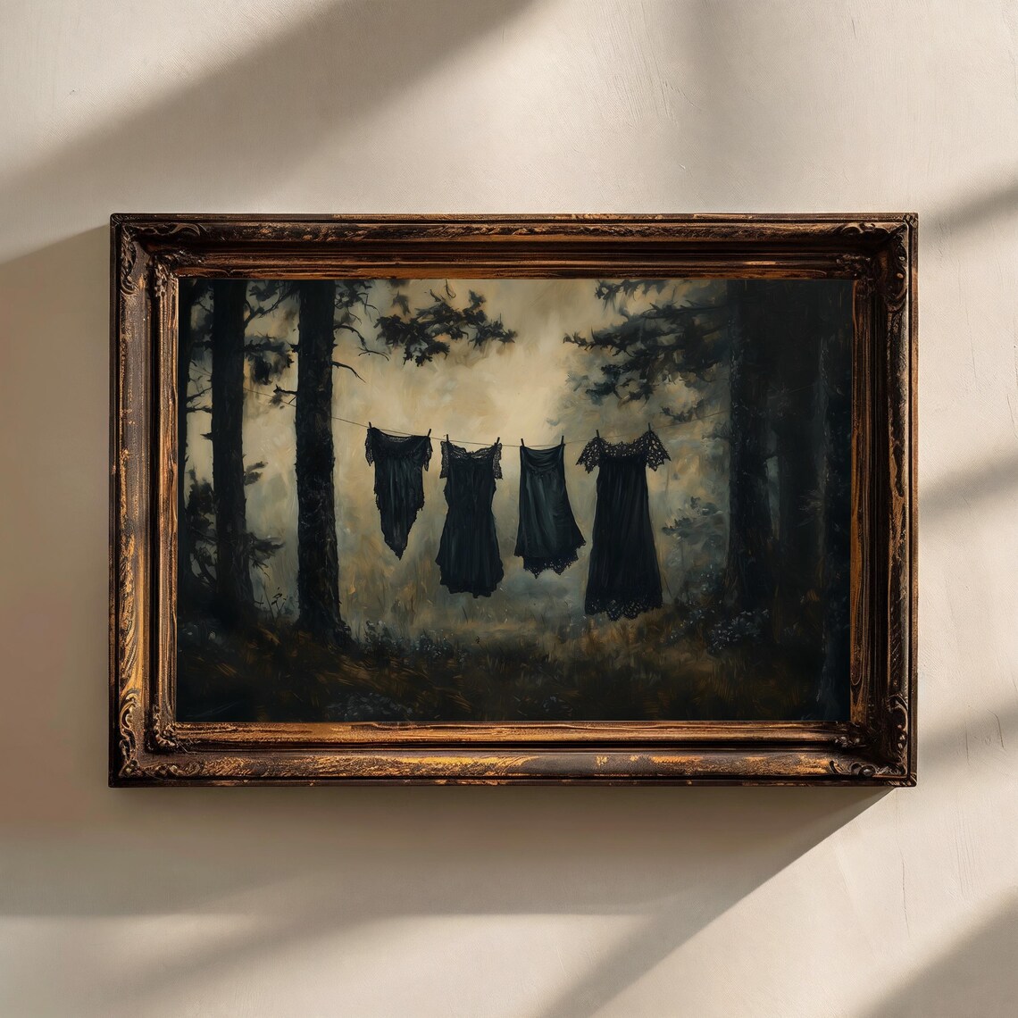 Black Victorian Dresses Clothesline Misty Dark Forest Gothic Painting Poster - Image 2