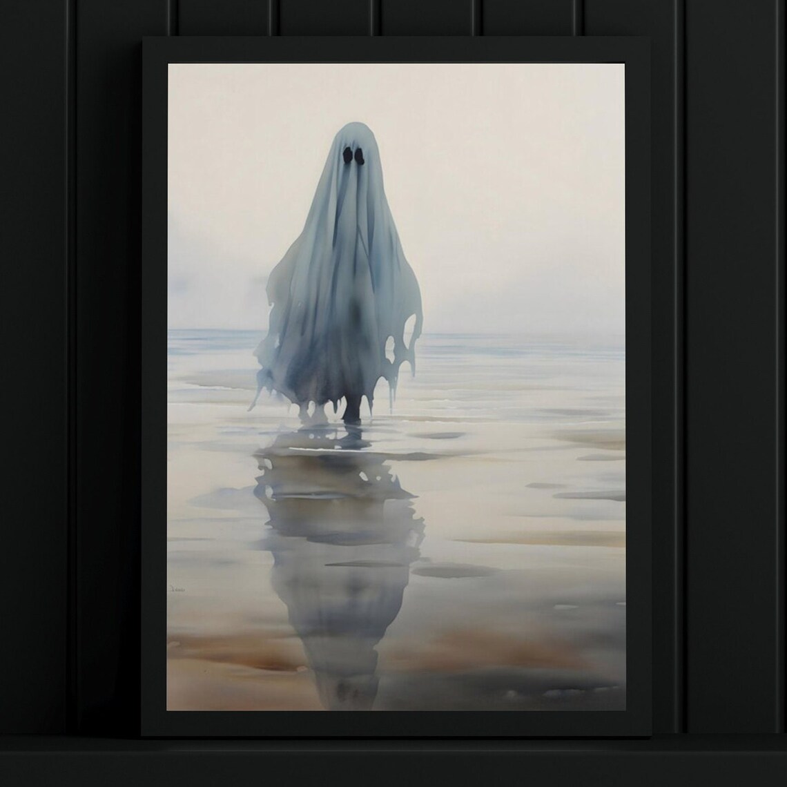 Minimalist Ghost On Misty Beach Watercolor Dark Academia Gothic Art Print
