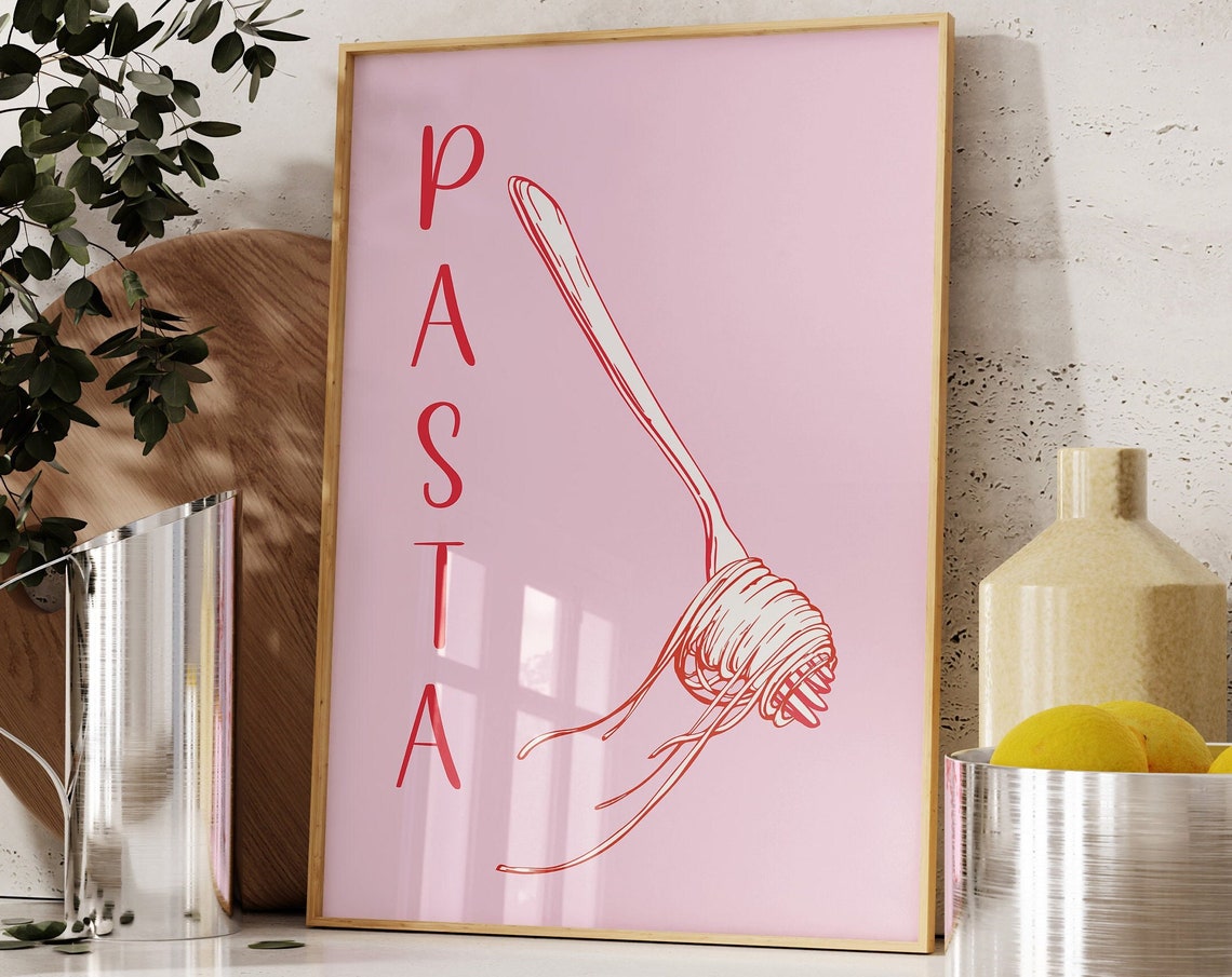 Pasta Fork Twirling Spaghetti Red Line Art on Pink Kitchen Poster