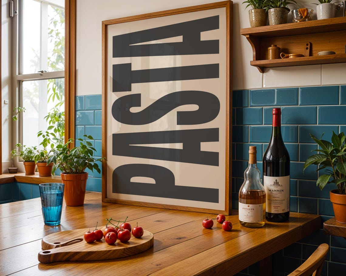 Pasta Typography Poster Bold Black Letters Kitchen Wall Decor