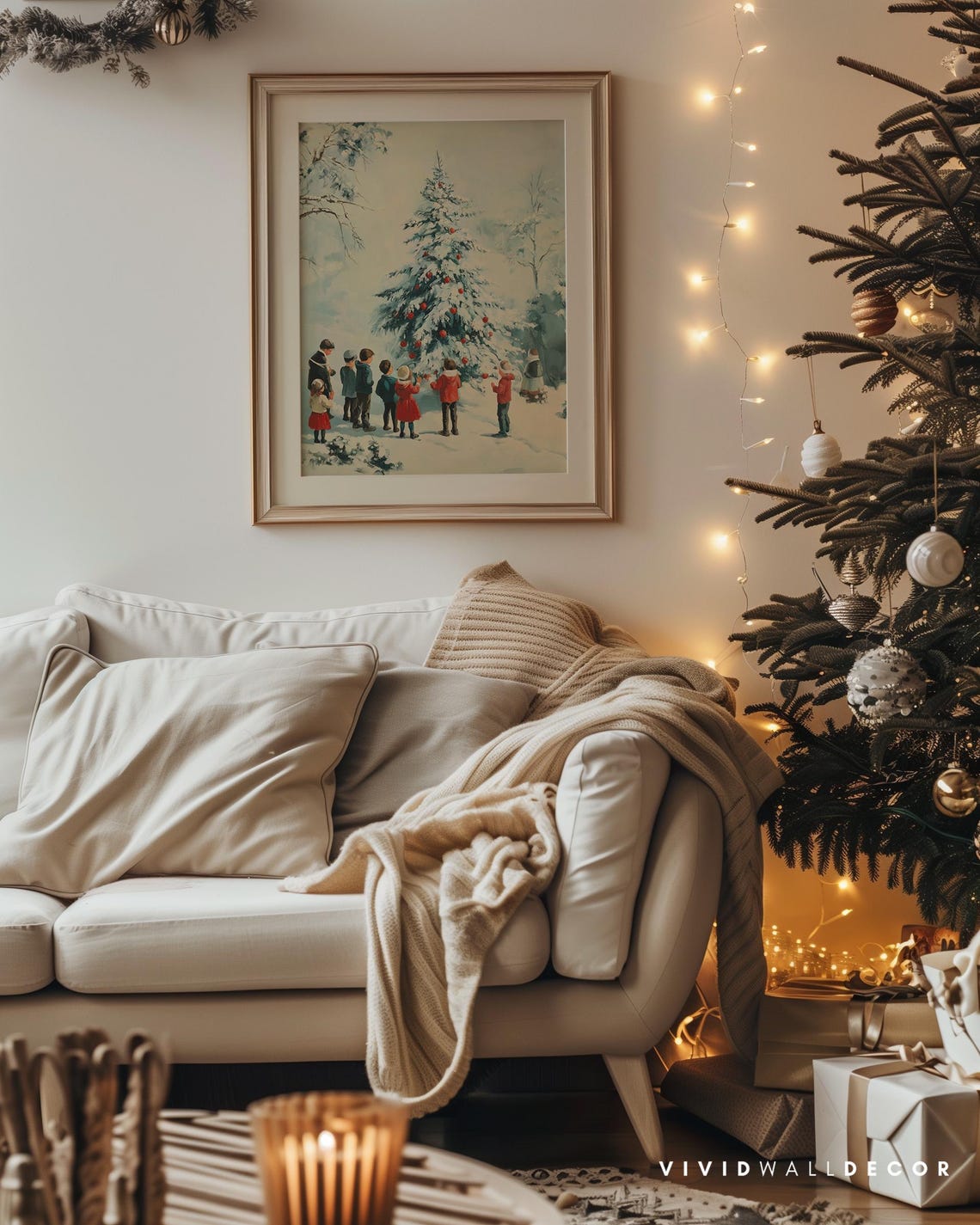 Vintage Style Kids Decorating A Tall Snowy Christmas Tree Poster - Image 4