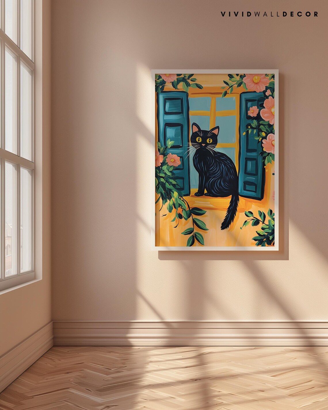 Black Cat on Sunny Mediterranean Window Sill Floral Art Poster - Image 4