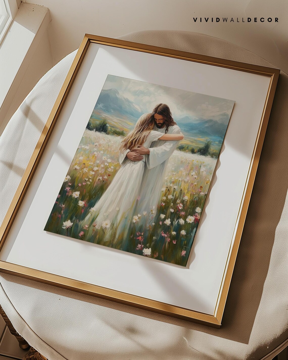 Jesus Tenderly Embracing a Woman in a Wildflower Field Poster - Image 2