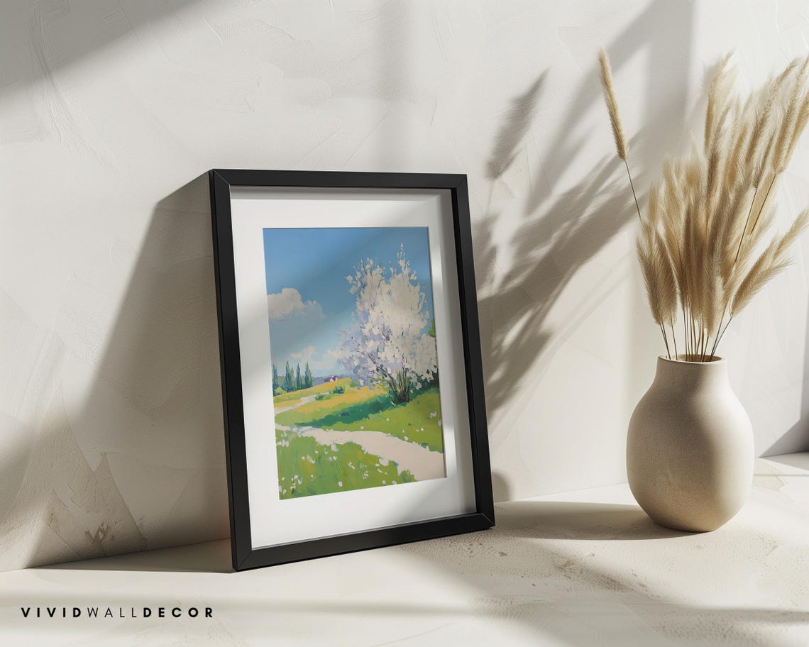 Impressionist Blooming White Tree Spring Meadow Path Art Poster - Image 3