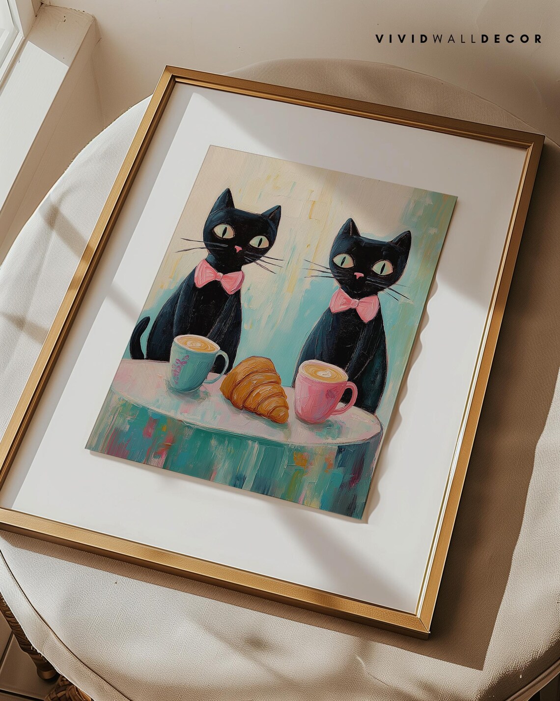Two Chic Black Cats Enjoying Coffee and Croissant French Cafe Poster - Image 3