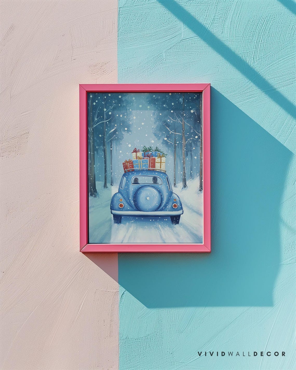 Blue Vintage Car Christmas Art Festive Winter Scene Holiday Decor Whimsical Xmas Gifts Print Cozy Seasonal Poster Winter Holiday - Image 2