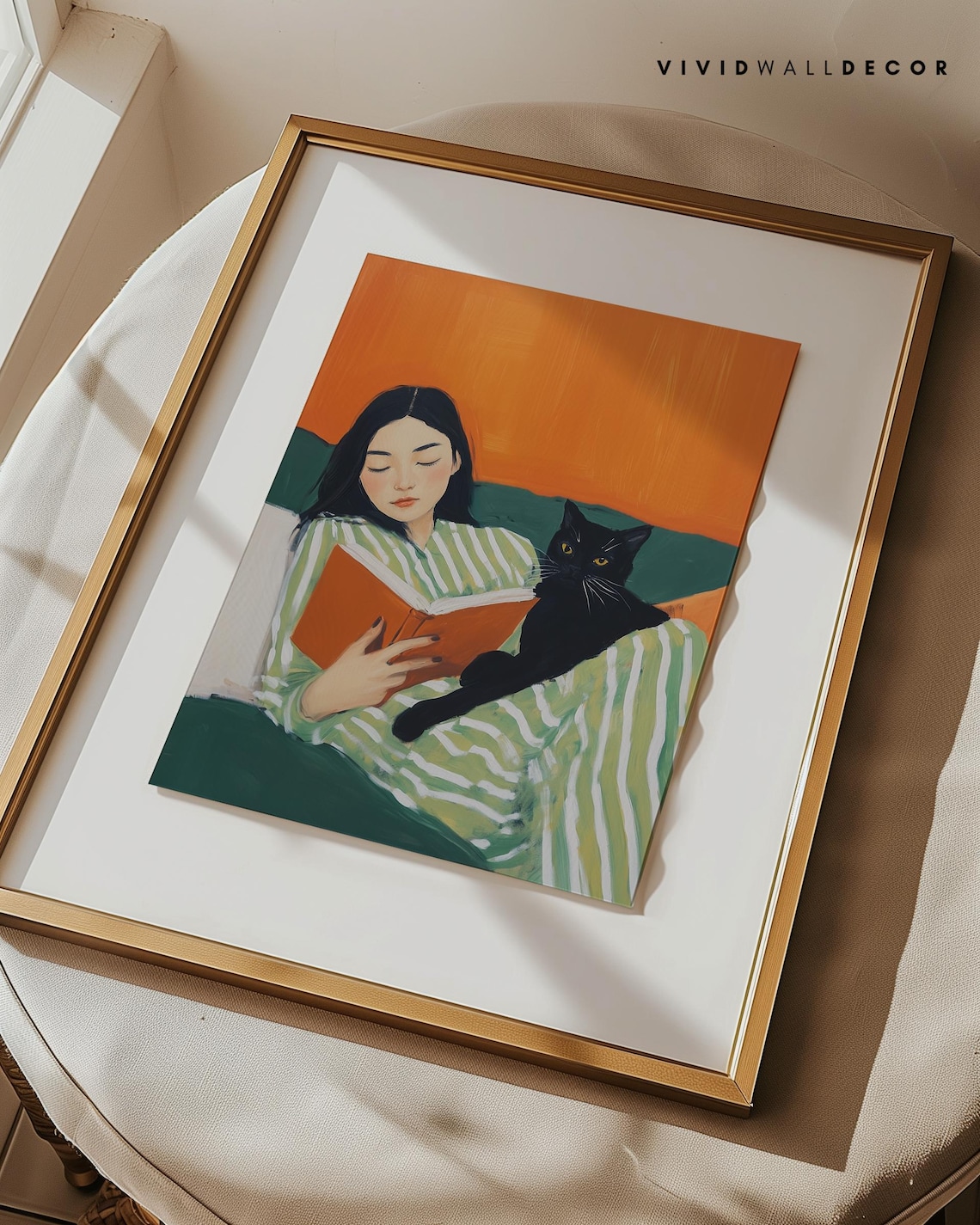 Woman Reading In Bed With Black Cat Cozy Book Lover Art Poster - Image 2
