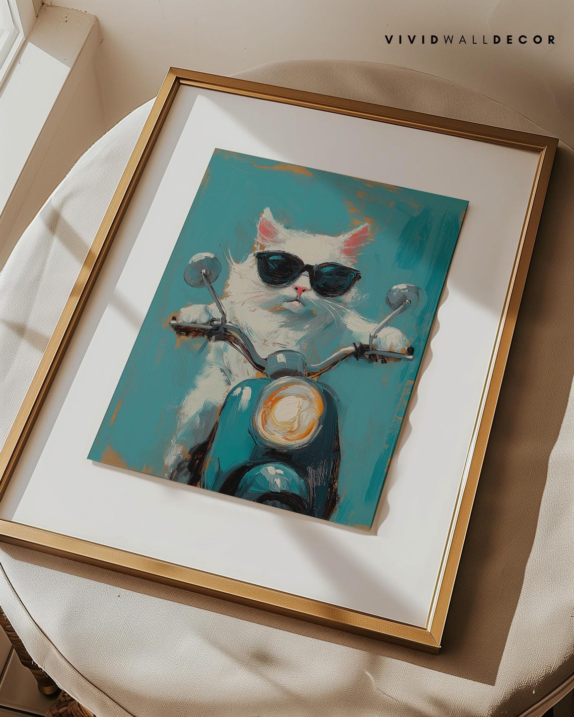 Cool White Cat in Sunglasses Riding Blue Scooter Funny Art Poster - Image 3