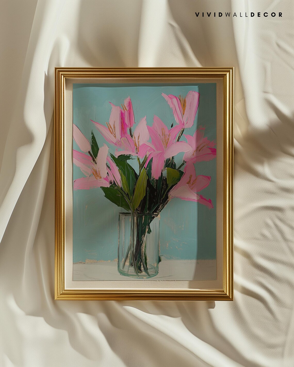 Pink Lilies in Glass Vase on Teal Background Floral Art Poster - Image 2