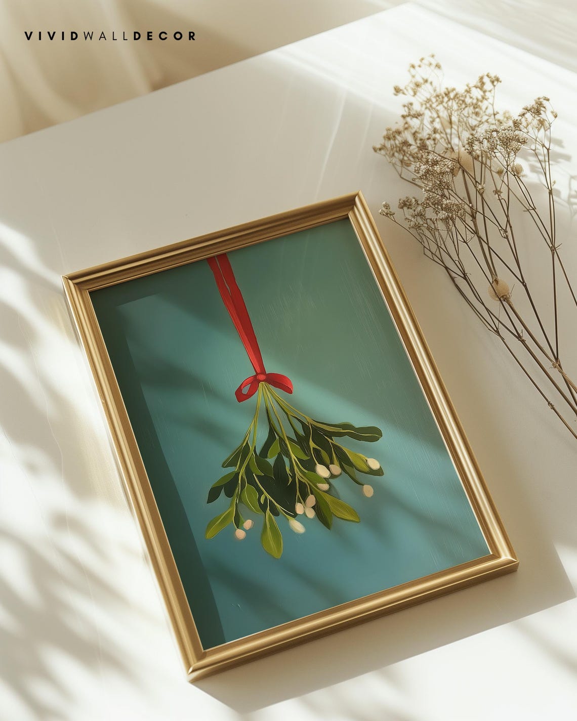 Fresh Mistletoe With Red Ribbon On Deep Green Minimalist Poster - Image 2