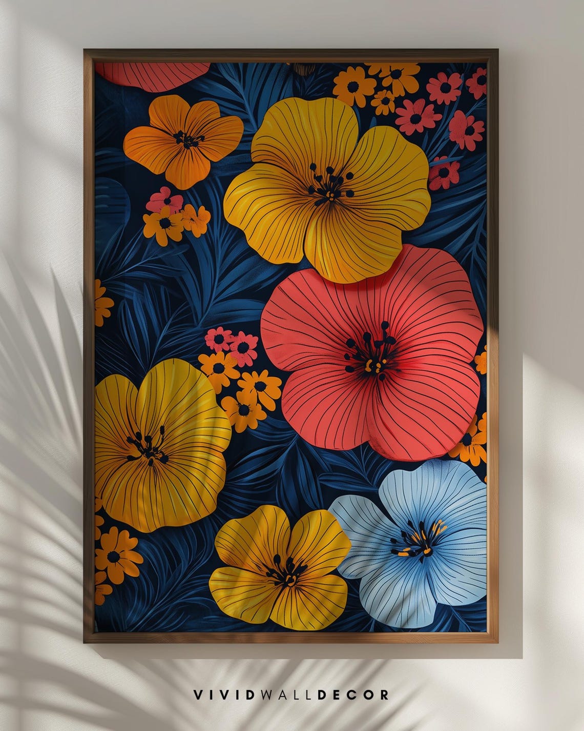 Bold Orange And Red Hibiscus Flowers On Deep Navy Botanical Poster - Image 3