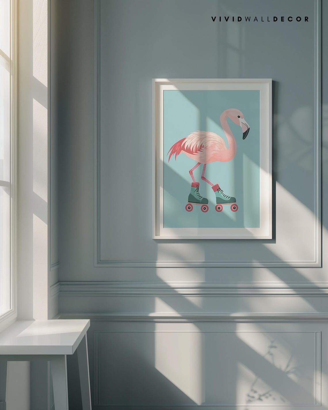 Sweet Pink Flamingo Gliding on Teal Roller Skates Nursery Poster - Image 3