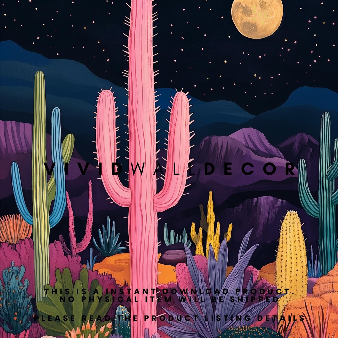 Colorful Desert Cactus Night Landscape Art Print - Image 2