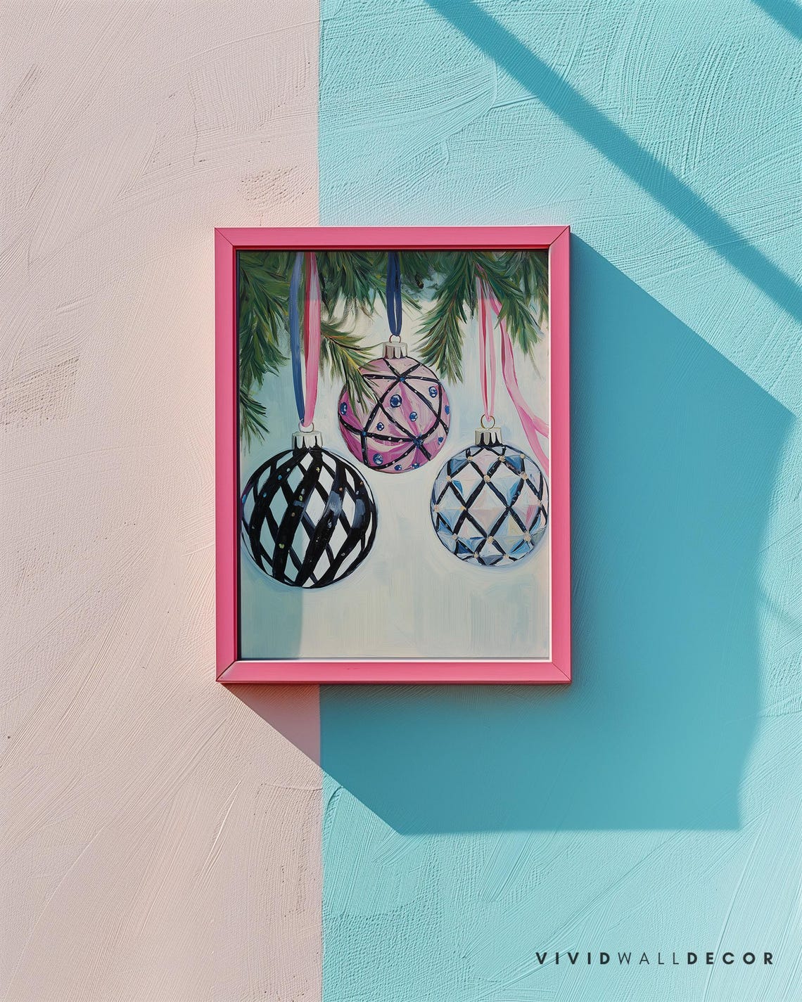 Colorful Pink Black And Blue Baubles With Ribbon Holiday Poster - Image 2