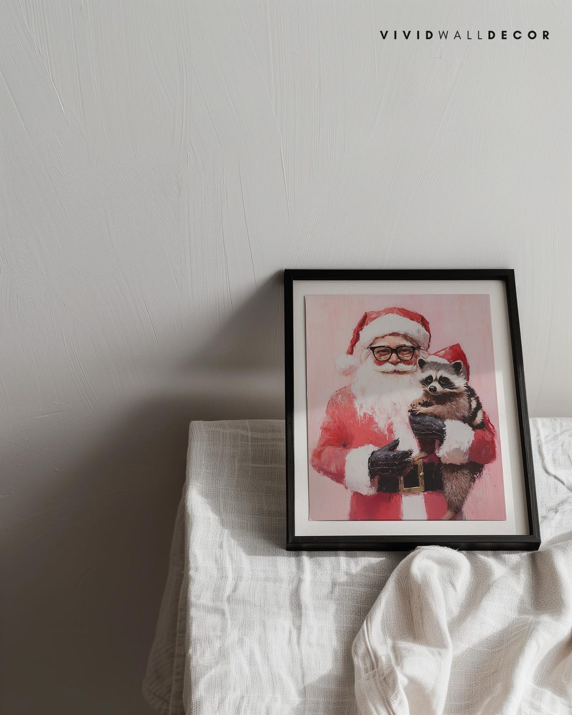 Santa With Raccoon in Santa Hats Art Poster Pink Christmas Wall Decor - Image 3