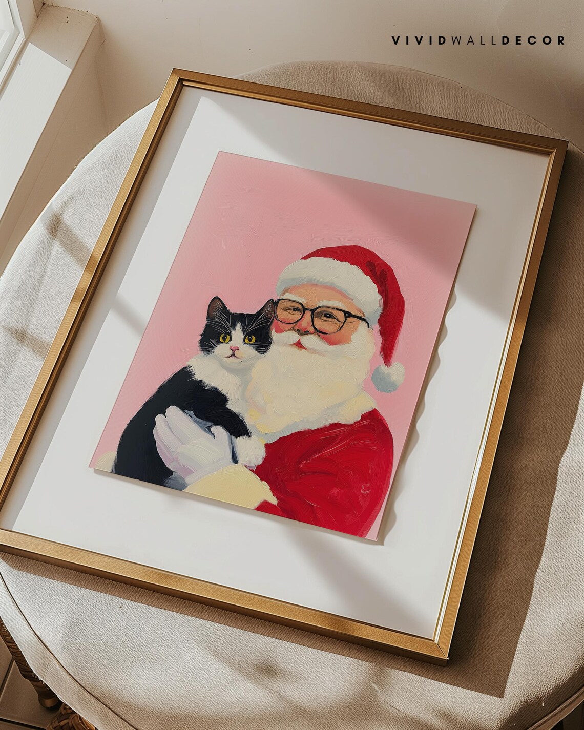 Santa Holding Black Cat Art Poster Pink Christmas Holiday Wall Decor - Image 3