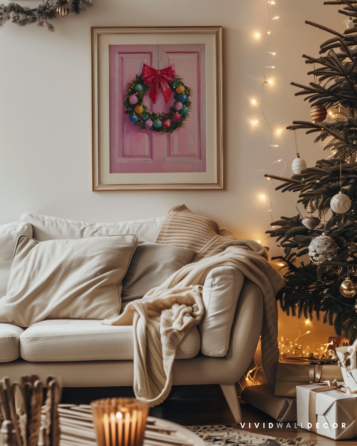 Colorful Christmas Wreath on Pink Door Art Poster Holiday Wall Decor - Image 4