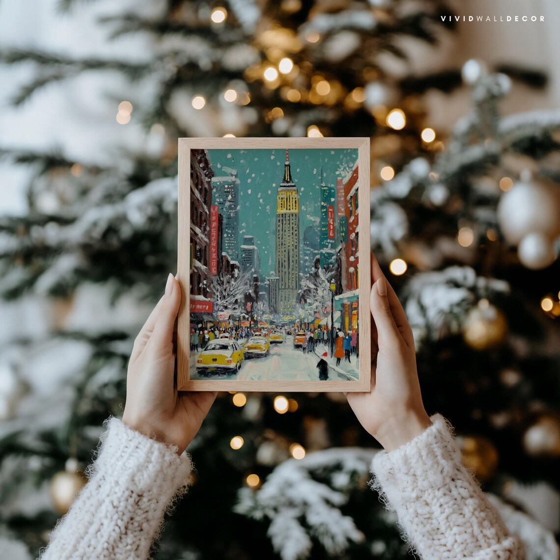 Snowy New York Street With Empire State Building Taxis Poster - Image 3