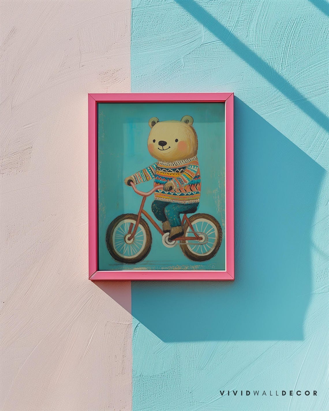 Cute Bear in Colorful Sweater Riding a Red Bicycle Nursery Poster - Image 2