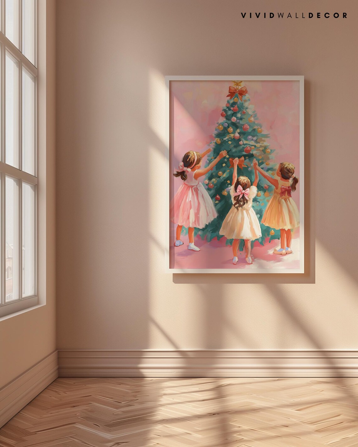Three Little Girls Decorating Christmas Tree Pink Art Poster - Image 3