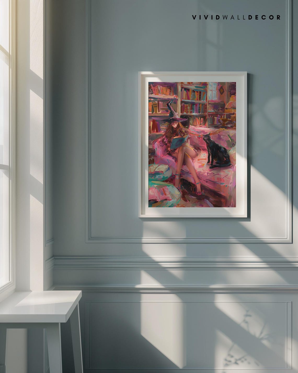 Witch Reading In A Pink Library With Black Cat Cozy Halloween Poster - Image 4